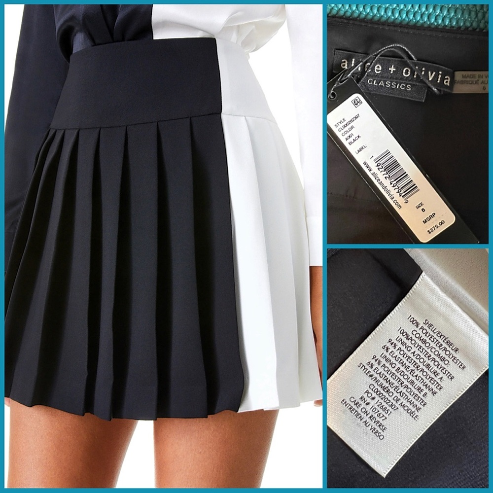 Alice + Olivia Wilcox Pleated Black White Colorblock Combo Mini Skirt - Picture 13 of 16
